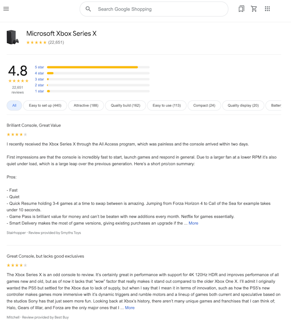 Google Product Reviews Results